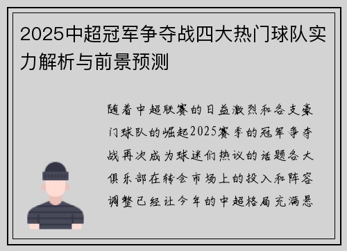 2025中超冠军争夺战四大热门球队实力解析与前景预测