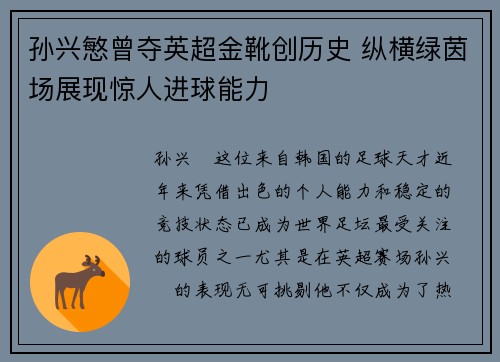 孙兴慜曾夺英超金靴创历史 纵横绿茵场展现惊人进球能力 孙兴慜曾夺英超金靴创历史 纵横绿茵场展现惊人进球能力