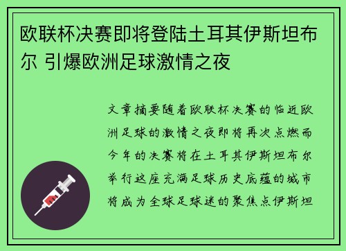 欧联杯决赛即将登陆土耳其伊斯坦布尔 引爆欧洲足球激情之夜